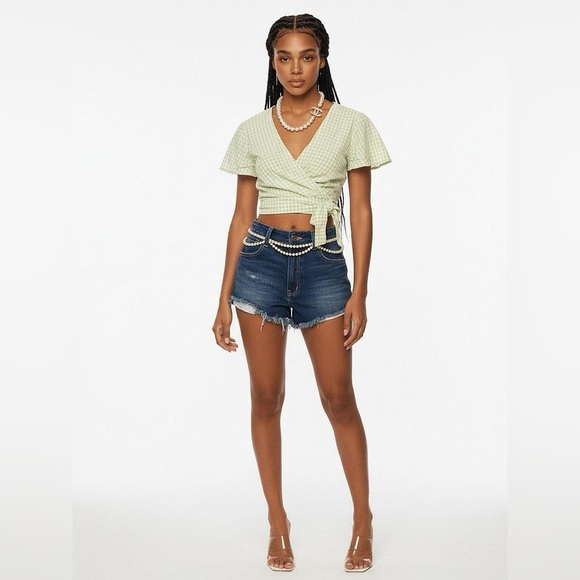 meraki Tops - NWOT- Lime Checkered Gingham Blouse